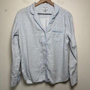 Petite Plume Women 100% Cotton Pajama Top S Blue White‎ Scallop Wave Button Down